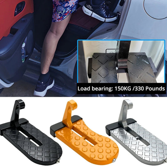 Folding door latch step in use on a car door striker, shown in black, orange and silver