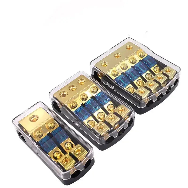 Fused power distribution block, 2, 3 or 4 way, gold plated