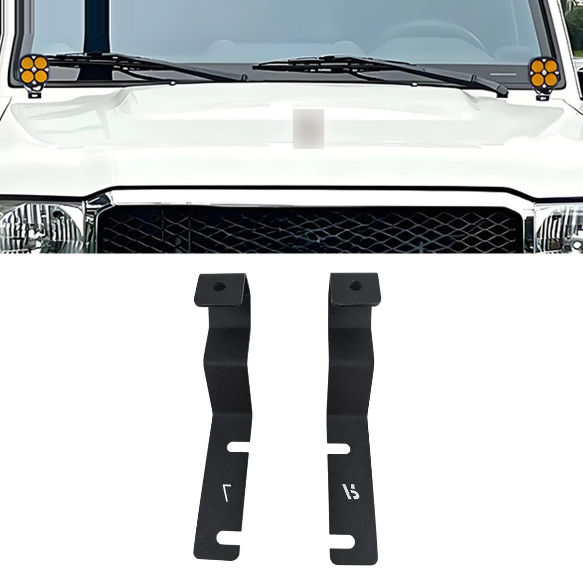 Bonnet A-pillar light pod brackets pair fitted to a LandCruiser 70 Series