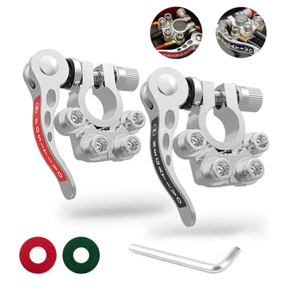 Quick release copper battery terminal clamps, positive and negative pair