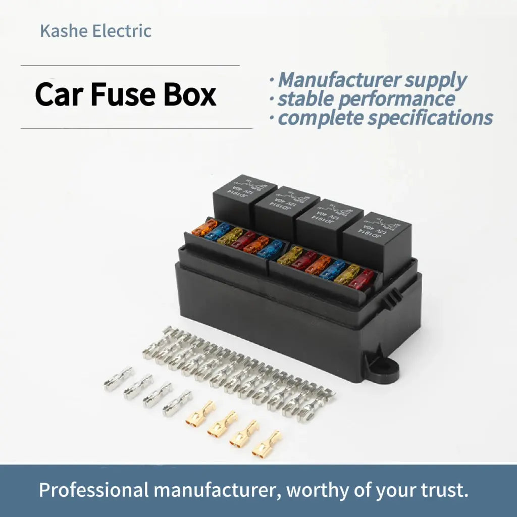 Relay and fuse box with 4 relay slots and 12 fuse positions