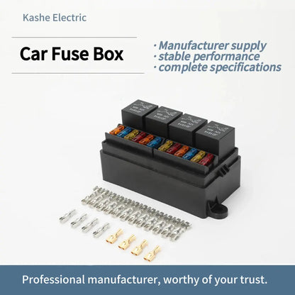 Relay and fuse box with 4 relay slots and 12 fuse positions