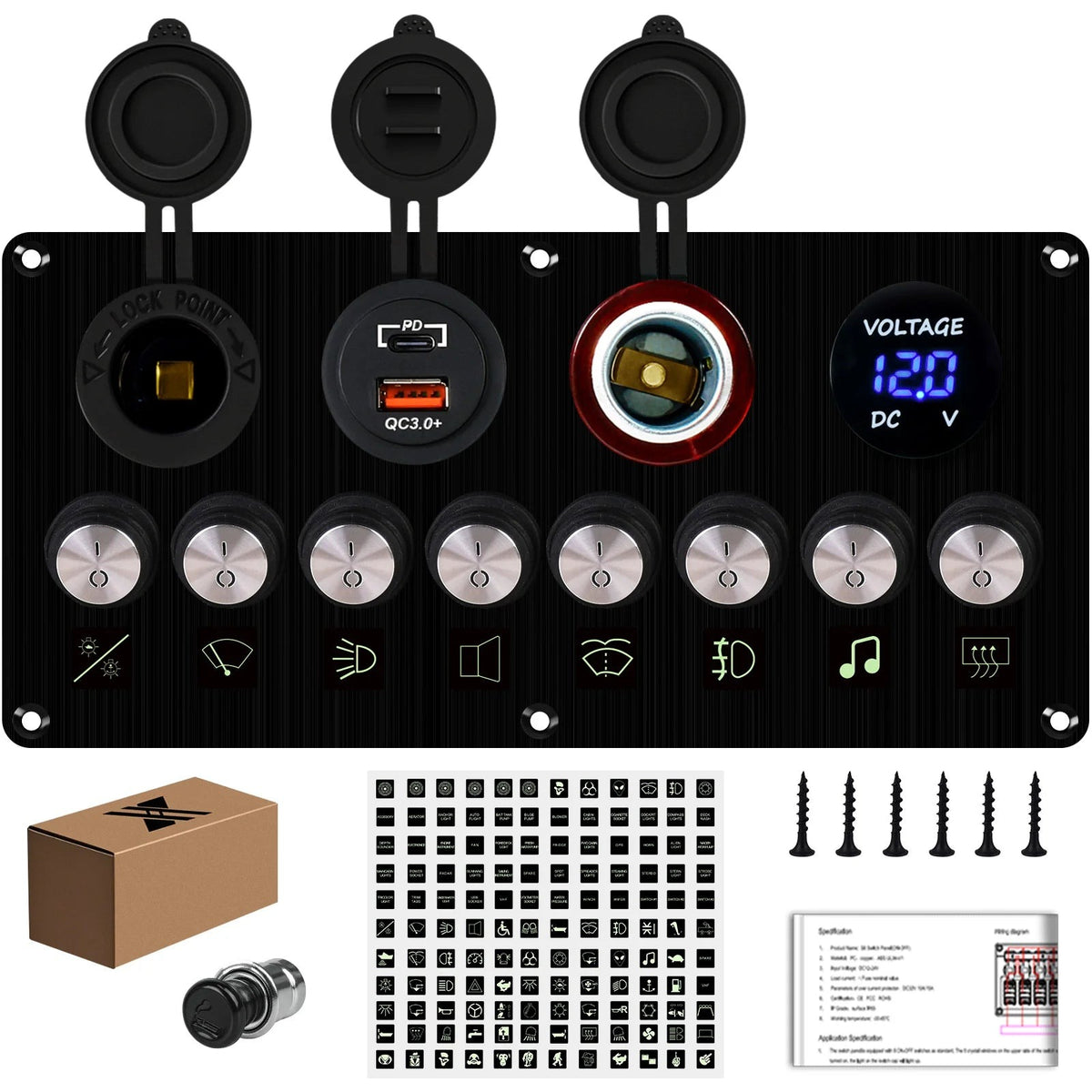 8 gang LED rocker switch panel with USB, 12V socket, cigarette lighter and voltmeter, plus included accessories