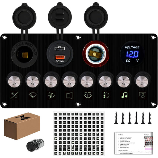 8 gang LED rocker switch panel with USB, 12V socket, cigarette lighter and voltmeter, plus included accessories