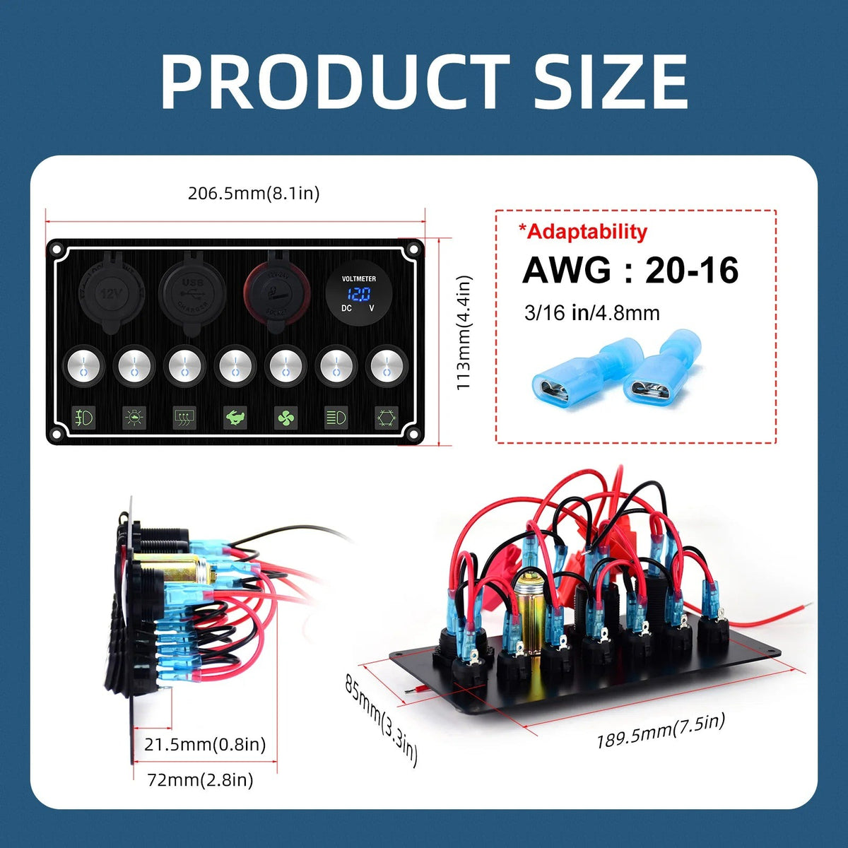 7 gang switch panel dimensions 206.5 x 113 mm