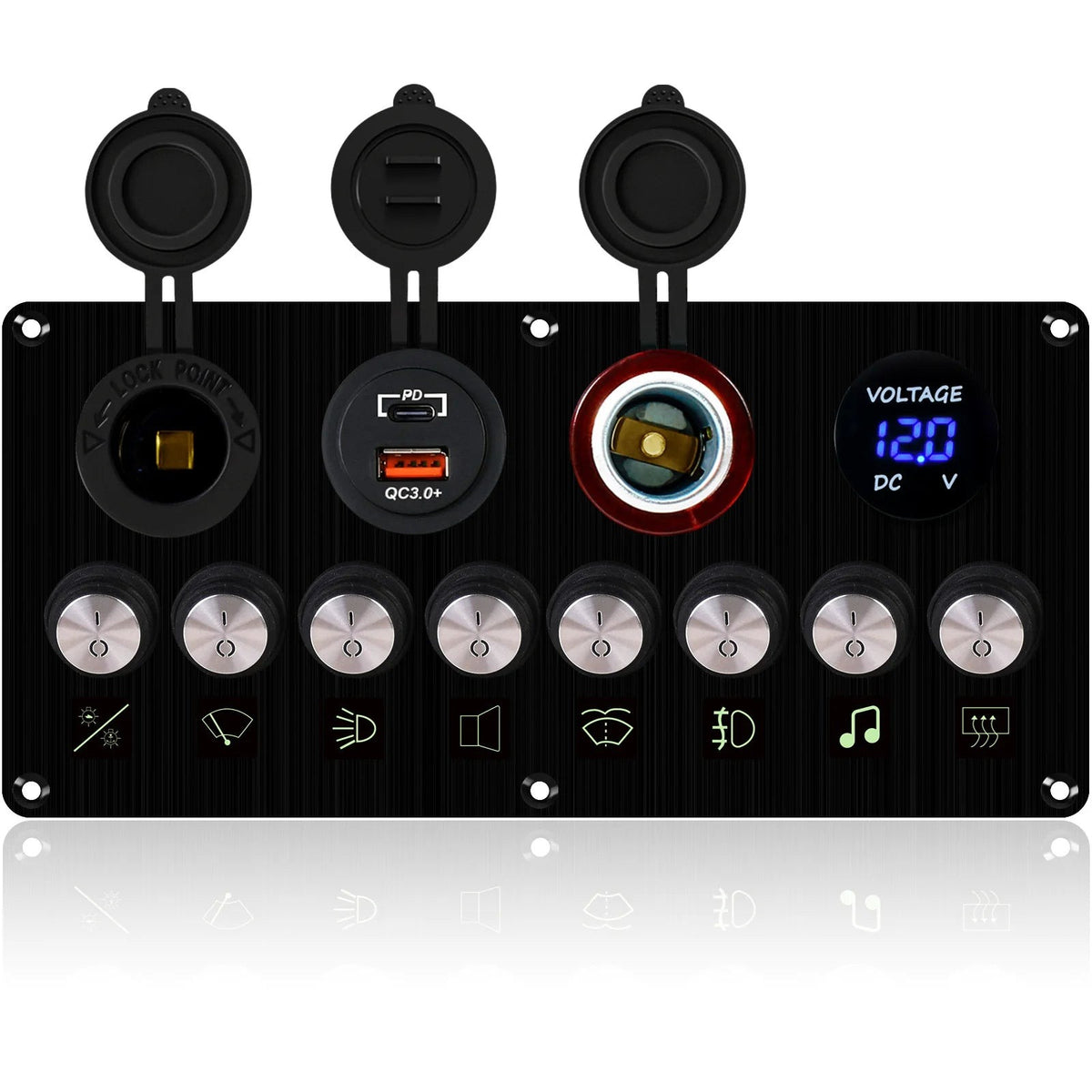 8 gang rocker switch panel front view with dust caps open