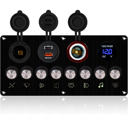 8 gang rocker switch panel front view with dust caps open