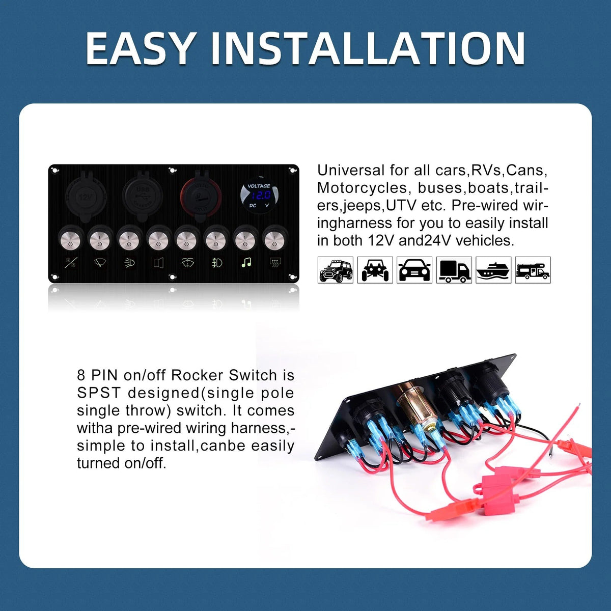Rocker switch panel pre-wired harness, suits 12V and 24V vehicles