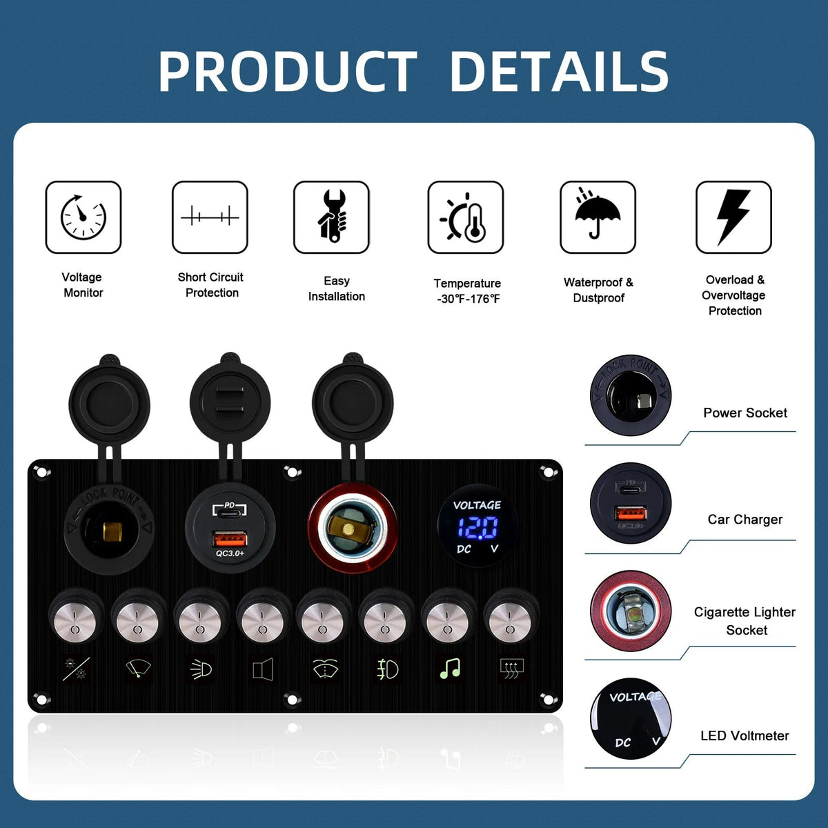 Switch panel features - voltmeter, USB fast charger, 12V and cigarette lighter sockets