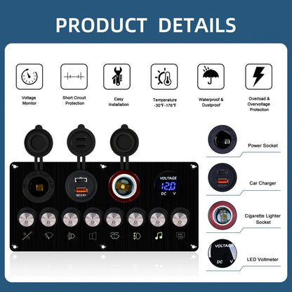 Switch panel features - voltmeter, USB fast charger, 12V and cigarette lighter sockets