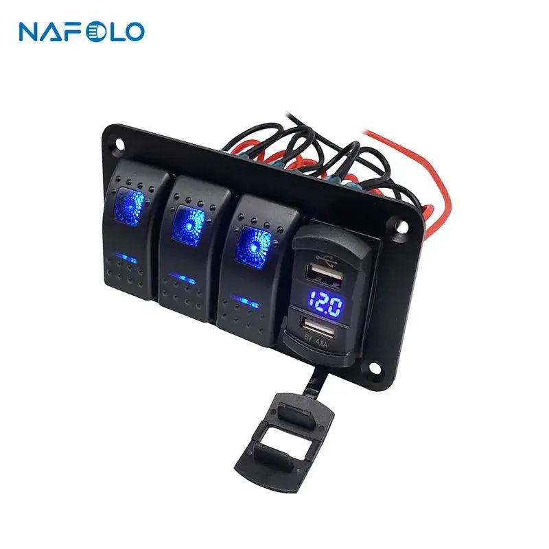 Rocker switch panel with voltmeter, dual USB and 12V socket
