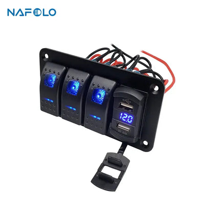Rocker switch panel with voltmeter, dual USB and 12V socket