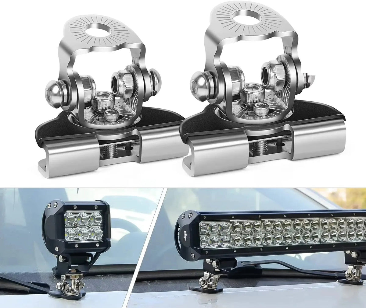 Stainless bonnet light bracket clamps holding LED pod and light bar on a bonnet edge