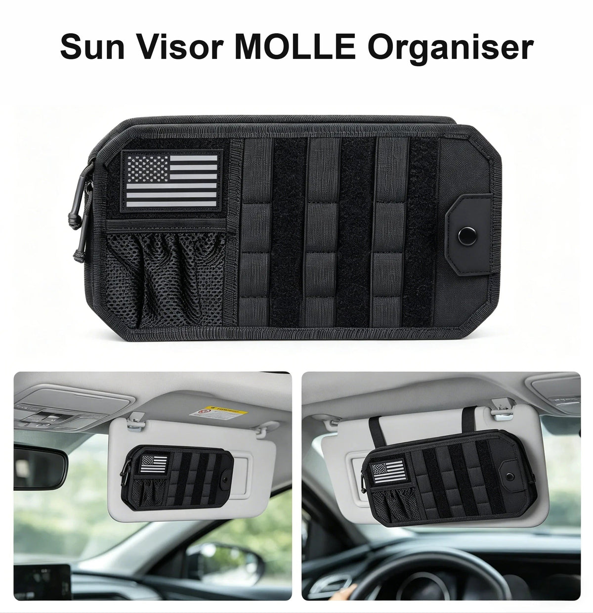 Black sun visor MOLLE zip pouch organiser fitted to car sun visor