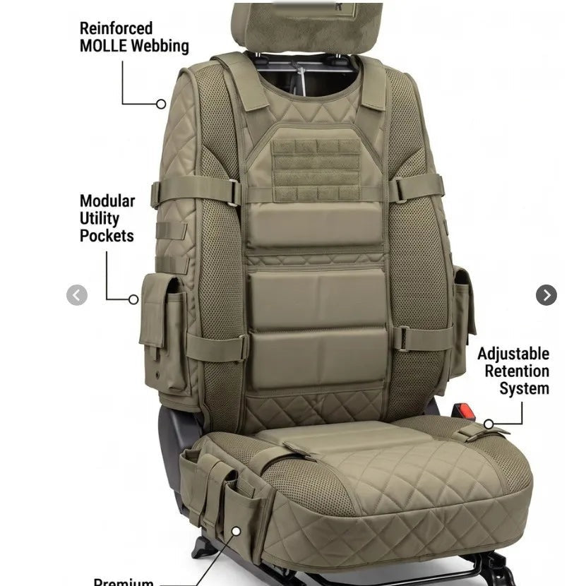Dark green tactical MOLLE front seat cover showing webbing, utility pockets and retention straps