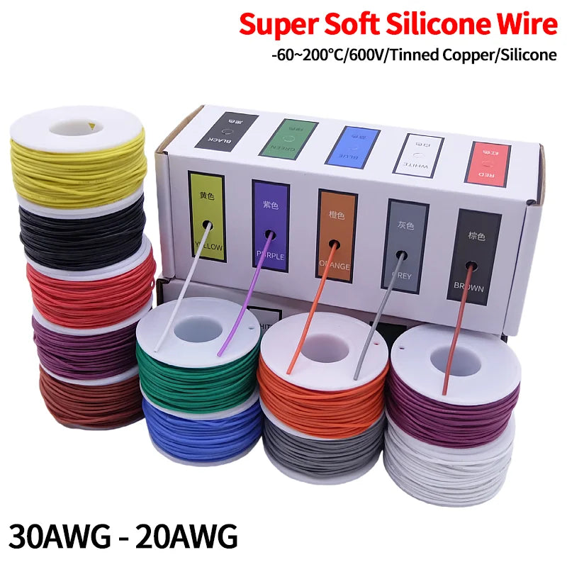 Tinned copper silicone wire kit in 5 colours, 20AWG to 30AWG