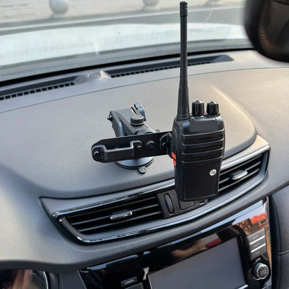 UHF handheld radio clipped into 2-in-1 dash mount with suction base