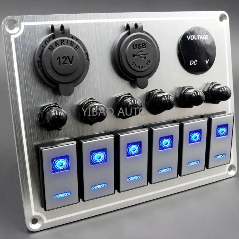 Waterproof marine switch panel with LED voltmeter, 4 or 6 gang
