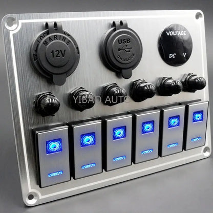 Waterproof marine switch panel with LED voltmeter, 4 or 6 gang